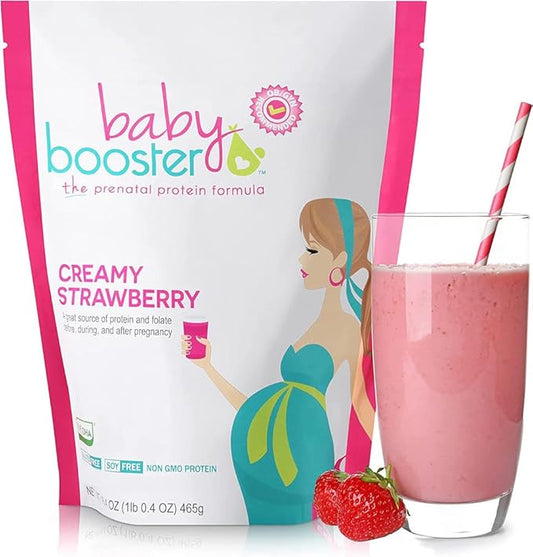 Baby Booster Pregnancy Protein Powder Vitamin Supplement Shake - OB/GYN Approved Prenatal & Postnatal Lactation Use - Morning Sickness Relief with Vegan DHA and Methyl Folate - Creamy Strawberry, 1 lb