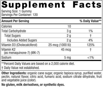 Nordic Naturals Vitamin D3 + K2 Gummies, Pomegranate - 120 Gummies - 1000 IU Vitamin D3 + 45 mcg K2- Great Taste - Bone Health, Promotes Healthy Muscle Function - Non-GMO - 120 Servings