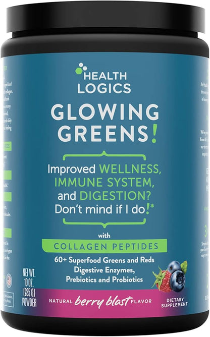 Health Logics Glowing Greens Superfood Powder with Collagen Peptides, Digestive Enzymes, Prebiotics and Probiotics – Antioxidant, Improve Wellness, Immune, Digestive and Gut Health Support