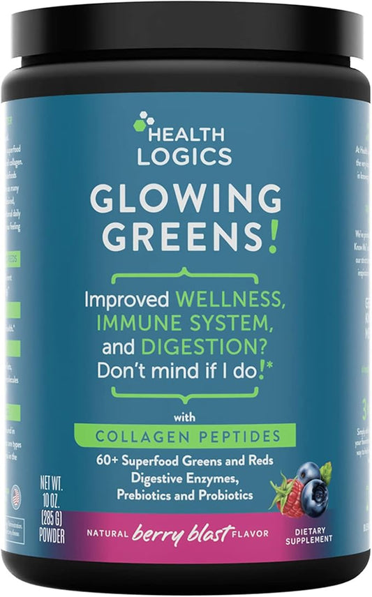 Health Logics Glowing Greens Superfood Powder with Collagen Peptides, Digestive Enzymes, Prebiotics and Probiotics – Antioxidant, Improve Wellness, Immune, Digestive and Gut Health Support
