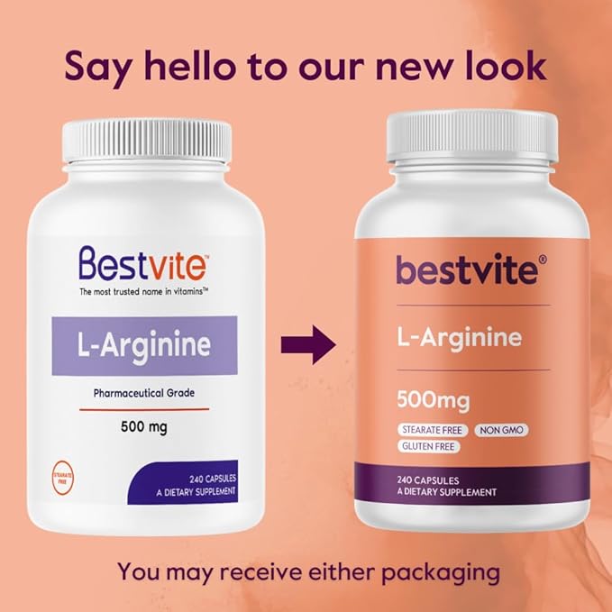 BESTVITE L-Arginine 500mg (240 Capsules) - No Magnesium Stearate - No Silicon Dioxide - No Fillers - Non GMO - Gluten Free