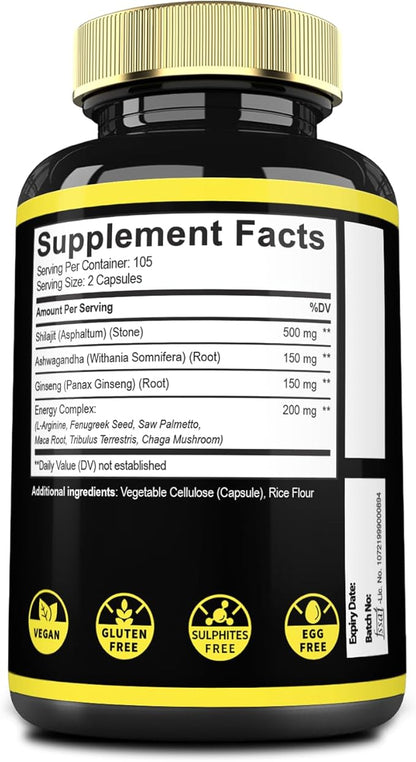 9in1 Shilajit Pure Himalayan Organic with Ashwagandha Root, Panax Ginseng, L-Arginine, Chaga & More - 210 Capsules - Shilajit Supplement for Immunity, Energy Production, Stamina & Comfortable Mood