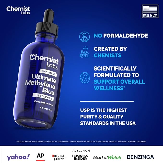 Methylene Blue | 1% USP Grade Solution | 4oz Liquid Drops | Pharmaceutical Grade | Cellular Energy & Mitochondrial Support | Formaldehyde Free | Made in USA (4oz)
