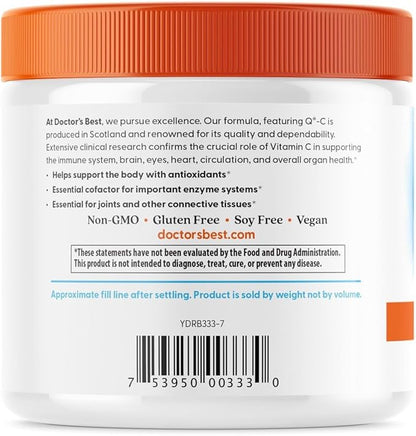 Doctor's Best Vitamin C Powder with Q-C, Healthy Immune System, Brain, Eyes, Heart and Circulation, Joints, Sourced from Scotland, 250G, 8.8 Ounce