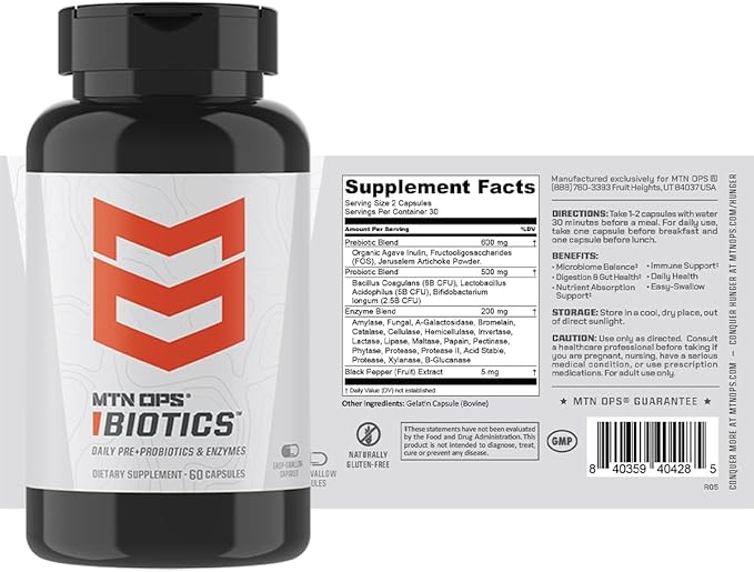 MTN OPS Biotics Daily Probiotic, Maca Root, Boswellia, Reishi Mushroom Capsules, Prebiotic with American Ginseng, 60 Capsules, 30 Servings
