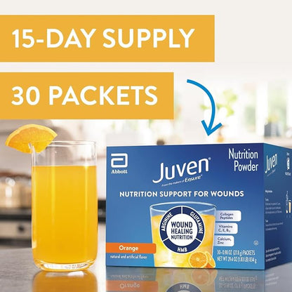 Juven Therapeutic Nutrition Drink Powder Including Collagen Peptides, Amino Acids, and HMB for Wound Healing Support, Orange, 30 Packets