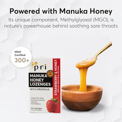 P.R.I Manuka Honey Lozenges with Propolis, Soothing Cough and Throat Drops, MGO 300+ Certified (Strawberry, 16 Count/2 Pack)