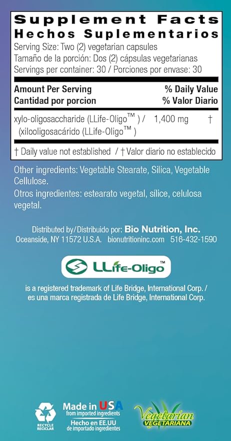Bio Nutrition Pre-Biotic 60 Vegetarian Capsules Llife Oligo Prebiotic Fiber XOS Patented Formula Improves Gut Health | Promotes Strong Intestinal Flora