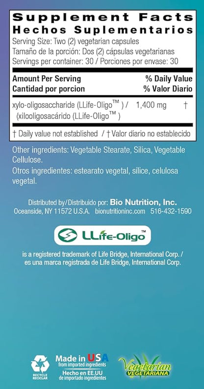 Bio Nutrition Pre-Biotic 60 Vegetarian Capsules Llife Oligo Prebiotic Fiber XOS Patented Formula Improves Gut Health | Promotes Strong Intestinal Flora