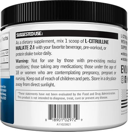 Evlution Nutrition L-Citrulline Malate 2:1-200mg L-Citrulline Malate - Workout Performance Support - Vasodilation Support - Dietary Supplement - Vegan & Gluten Free - 100 Servings - Unflavored