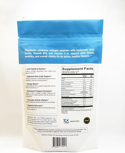 FlexGlow+ Collagen Peptides – Broad Spectrum (I, II, III, IV) – 6,900mg – Hyaluronic Acid, Biotin & Vitamin C – Chocolate – Hair, Skin & Joint Support – 30 Servings (12.17oz)