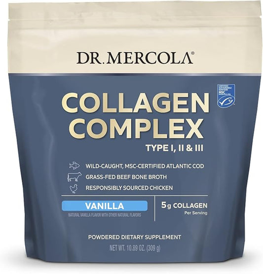 Dr. Mercola Collagen Complex Powder, Vanilla Flavor, 30 Servings, Powdered Dietary Supplement, Supports Youthful-Looking Skin, Non-GMO, MSC Certified