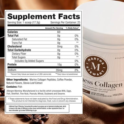 Martha Stewart Collagen Peptides Powder - Multi Collagen for Women | Healthy Supplement for Skin, Hair, Nails, and Bone Strength | 15g Protein | Coffee | 25 Servings