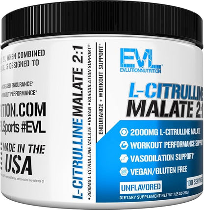 Evlution Nutrition L-Citrulline Malate 2:1-200mg L-Citrulline Malate - Workout Performance Support - Vasodilation Support - Dietary Supplement - Vegan & Gluten Free - 100 Servings - Unflavored