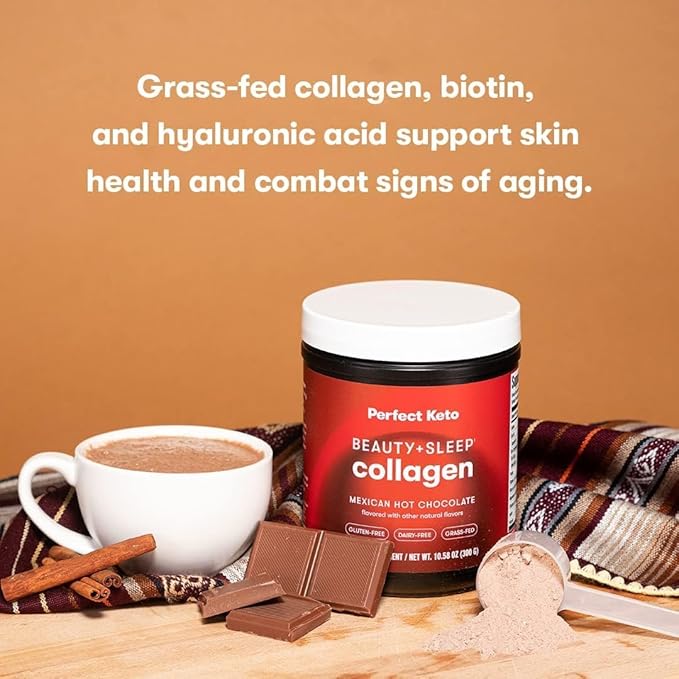 Perfect Keto Beauty + Sleep Grass Fed Collagen Peptides Protein Powder with Ashwagandha, Magnesium, Biotin, Hyaluronic Acid, L Theanine, Hair, Skin, Nails & Relaxation Support, Mexican Hot Chocolate