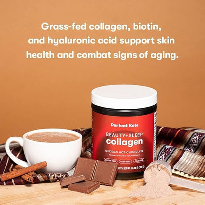 Perfect Keto Beauty + Sleep Grass Fed Collagen Peptides Protein Powder with Ashwagandha, Magnesium, Biotin, Hyaluronic Acid, L Theanine, Hair, Skin, Nails & Relaxation Support, Mexican Hot Chocolate