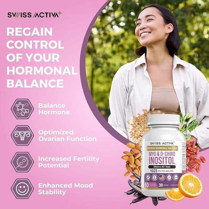 Swiss Activa+ Myo Inositol Supplement & D-Chiro Inositol Supplement - Premium Hormone Balance for Women & PCOS Supplements - Regulate Menstrual Cycle - Ovarian Support - 30 Days Supply