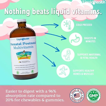 LIQUIDHEALTH Prenatal/Postnatal Multiple Liquid Women's Multivitamin with Real Folate - Pre & Postnatal Vitamins for Before, During, After Pregnancy - Made in USA, Vegan, Sugar-Free, Non-GMO (2 Pack)