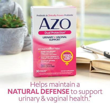 AZO Dual Protection | Urinary + Vaginal Support* | Prebiotic Plus Clinically Proven Women's Probiotic | Starts Working Within 24 Hours | Non-GMO | 30 Count (Pack of 2)