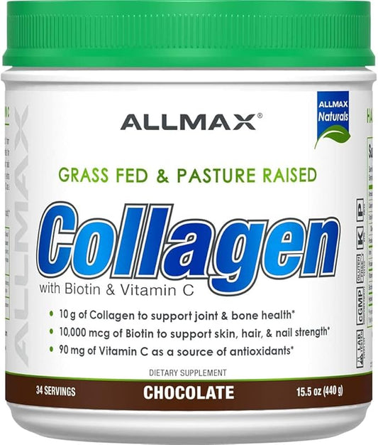 ALLMAX Nutrition Grass Fed & Pasture Raised Collagen with 10,000 mcg Biotin + 90 mg Vitamin C, Chocolate, 15.5 oz (440 g)
