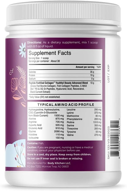 Body Kitchen Youthful Beauty Advanced, Collagen Peptides Powder for Beautiful Hair Skin Nails, Resveratrol and Hyaluronic Acid for Anti-Aging & Antioxidant Support, Grass Fed (Pack of 1)