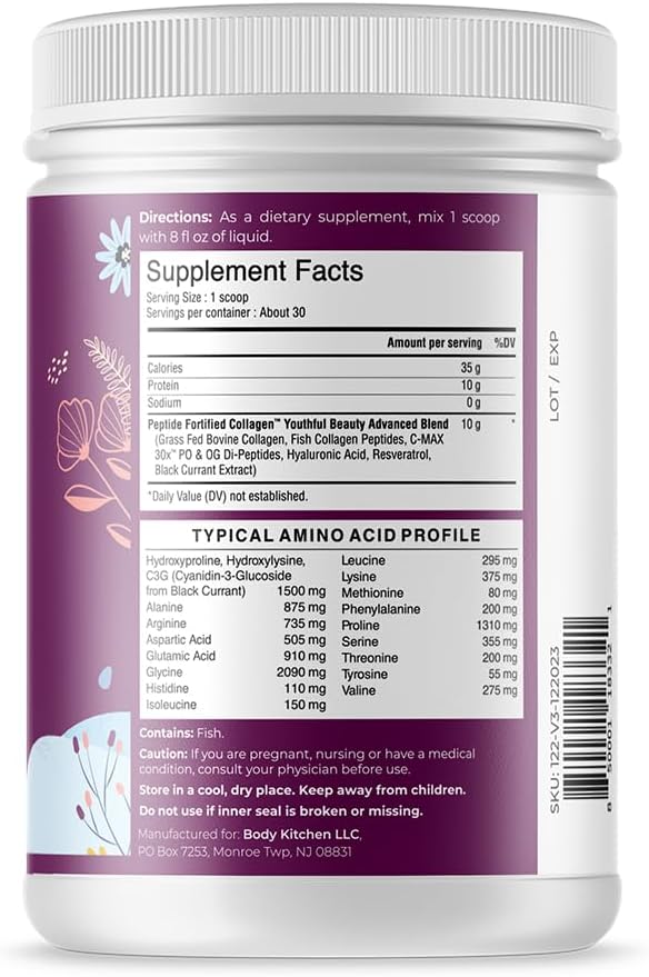 Body Kitchen Youthful Beauty Advanced, Collagen Peptides Powder for Beautiful Hair Skin Nails, Resveratrol and Hyaluronic Acid for Anti-Aging & Antioxidant Support, Grass Fed (Pack of 1)