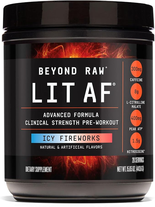 BEYOND RAW LIT Advanced Pre-Workout Formula, ICY Fireworks, for Energy, Focus, Endurance, Pumps, with 300mg Rapid and Targeted Release Caffeine, Creatine, Betaine, Beta Alanine, Taurine, 20 Servings