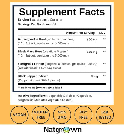 Natgrown Ashwagandha Maca Root Fenugreek Extract Capsules Supplement for Men & Women - Vegan Pills - 60ct