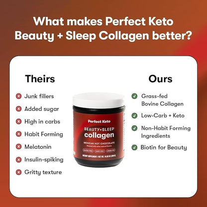 Perfect Keto Beauty + Sleep Grass Fed Collagen Peptides Protein Powder with Ashwagandha, Magnesium, Biotin, Hyaluronic Acid, L Theanine, Hair, Skin, Nails & Relaxation Support, Mexican Hot Chocolate