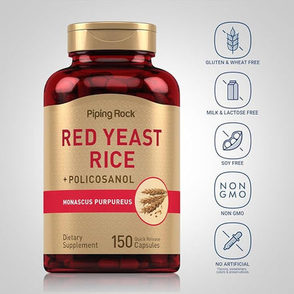 Piping Rock Red Yeast Rice 600 mg | 150 Capsules | with Policosanol | Non-GMO, Gluten Free Supplement