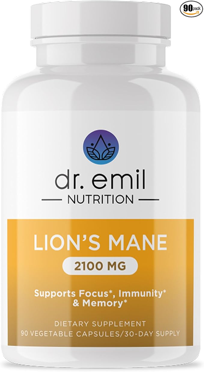 DR. EMIL NUTRITION 2100mg Organic Lions Mane Supplement Capsules - Focus, Mental Clarity & Cognition - Nootropic Lion's Mane Mushroom Supplement with Organic Lions Mane