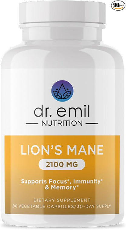 DR. EMIL NUTRITION 2100mg Organic Lions Mane Supplement Capsules - Focus, Mental Clarity & Cognition - Nootropic Lion's Mane Mushroom Supplement with Organic Lions Mane