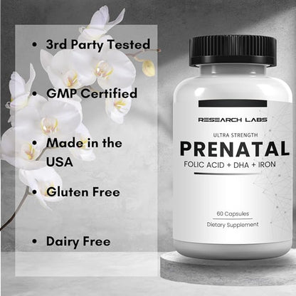 Research Labs Prenatal Vitamins for Women: 6X More Bioavailable Methylated Folate Folic Acid MTHF 5 | Supports Brain Development, Healthy Growth