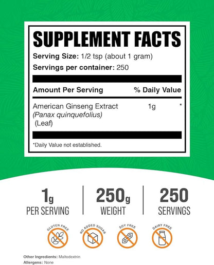 BulkSupplements.com American Ginseng Extract Powder - Ginseng Supplement, Herbal Supplements - Gluten Free, 1g per Serving, 250g (8.8 oz) (Pack of 1)