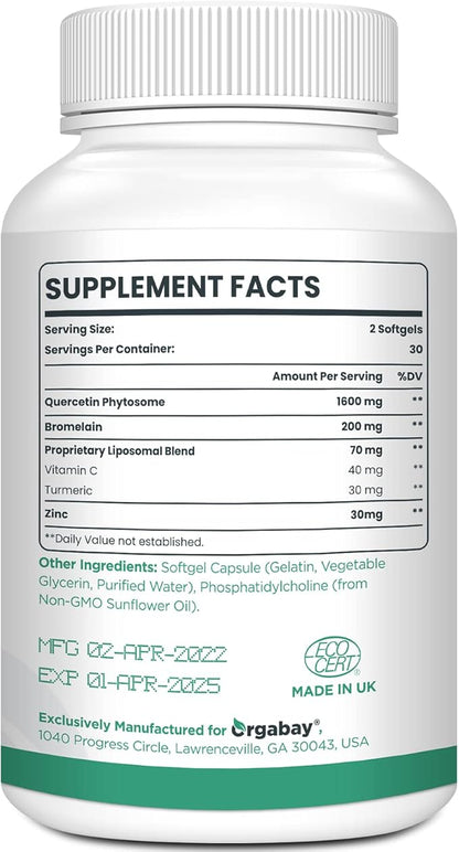 Liposomal Quercetin Phytosome 1600 mg,Bromelain 200mg,Zinc 30mg,Vitamin C Turmeric 40 mg,Highest Absorption,Quercetin Complex, 60 Softgels