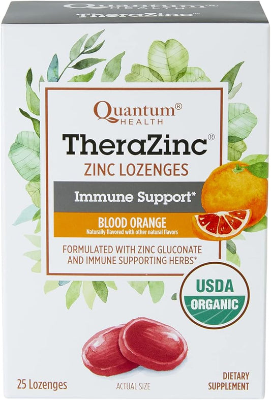 Quantum Health TheraZinc USDA Organic Zinc Lozenges|Blood Orange|Immune Support Formulated with Zinc Gluconate|Fast Relief|No Aftertaste|25 Count