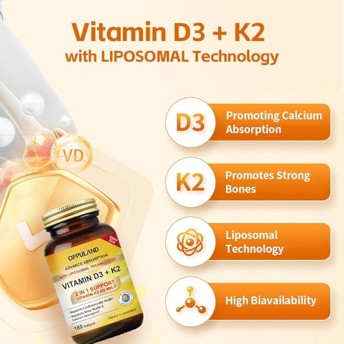 Vitamin D3 + K2 5000 IU - Liposomal Technology for Enhanced Absorption - MK-7 Vitamin K2 100mcg - Supports Bone & Calcium Metabolism - D3K2 Supplement for Men & Women - 180 Softgels