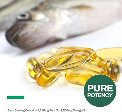 Triple Strength Fish Oil Omega 3 Supplements – High-Potency 3000mg with 900mg EPA + 600mg DHA - Burpless Fish Oil Capsules for Heart, Brain & Joint Health - Non-GMO, Gluten-Free-120 Softgels