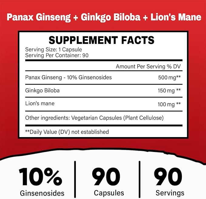 Panax Ginseng + Ginkgo Biloba + Lion's Mane 750 MG per Serving - 90 Vegan Capsules, Extra Strength Ginsenosides for Energy, Mental Focus, Immune Support, Non-GMO & Gluten Free