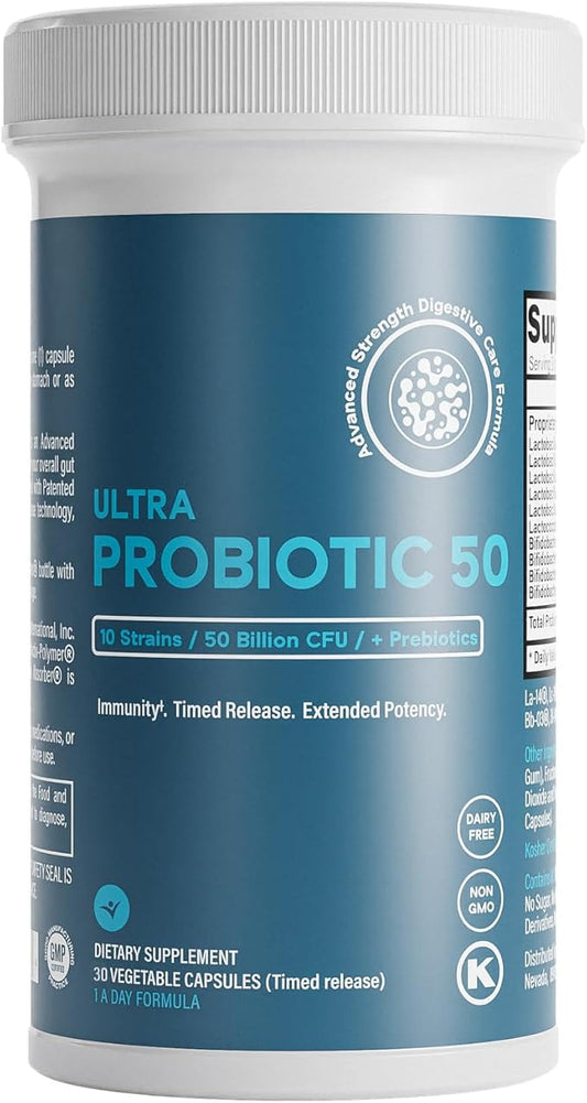 Prebiotics & Probiotics 50 Billion CFU for Women & Men - Time-Release Bifidobacterium Lactobacilli Probiotics for Digestive Health, Bloating Relief, USA-Made, Kosher Live Probiotics with Sunfibre FOS