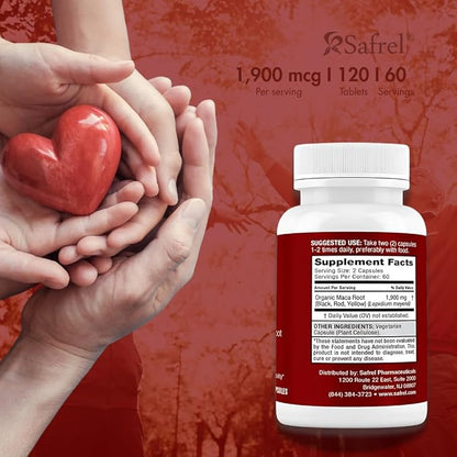 Safrel Organic Maca Root Black, Red, Yellow 1900 MG per Serving - 120 Vegan Capsules Peruvian Maca Root Gelatinized 100% Pure Non-GMO Supports Reproductive Health Natural Energizer