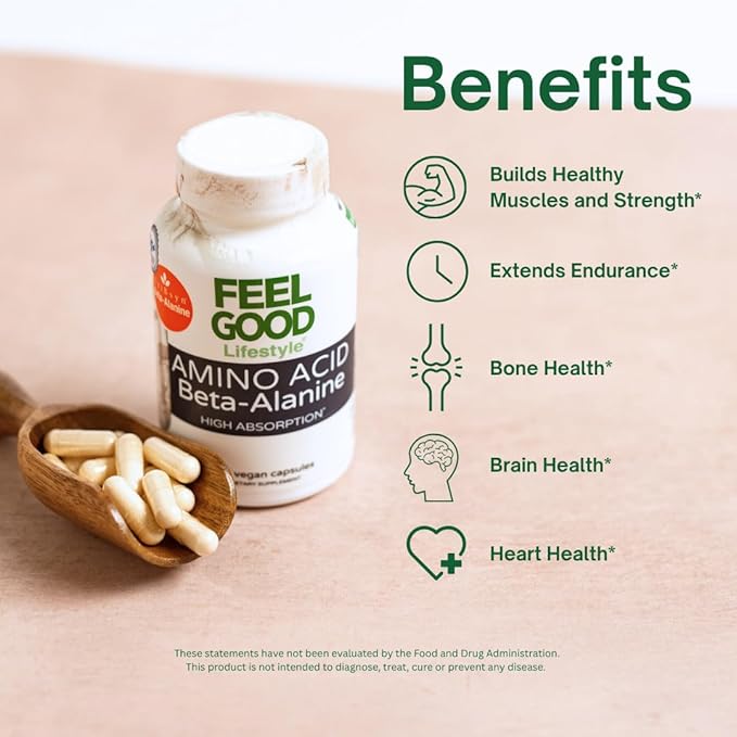 Beta-Alanine Capsules -Amino Acid - 3200mg Equivalent Dose - Prevent Muscle Loss - Brain Health - Joint Health - Heart Health - High Absorption- 30 Servings - Feelgood Lifestyle