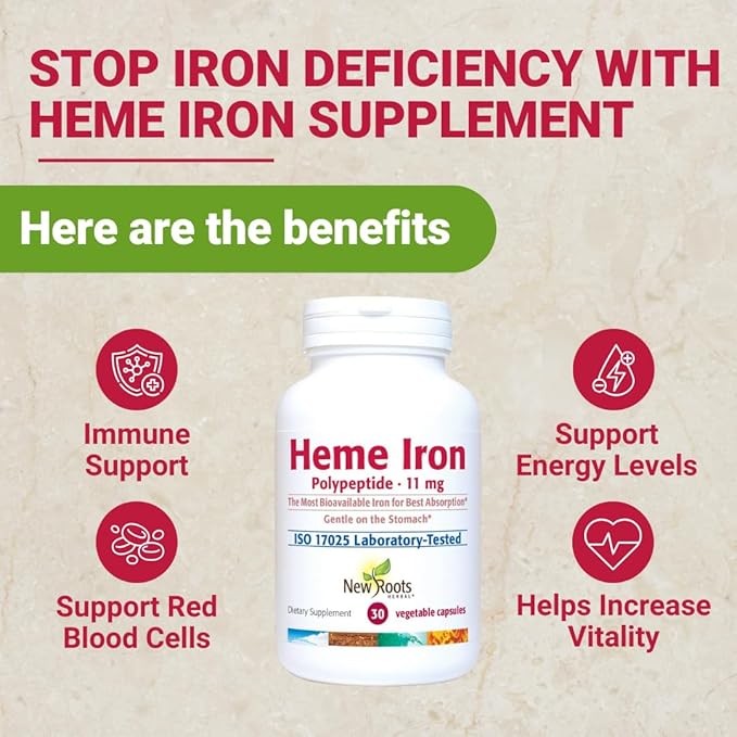 New Roots | Natural Heme Iron Supplement with Vitamin C, B12, & Folate,| Ferritin Supplement for Energy, Focus, and Endurance | Raise Hemoglobin & Ferritin for Women, Low-FODMAP (30 Capsules)