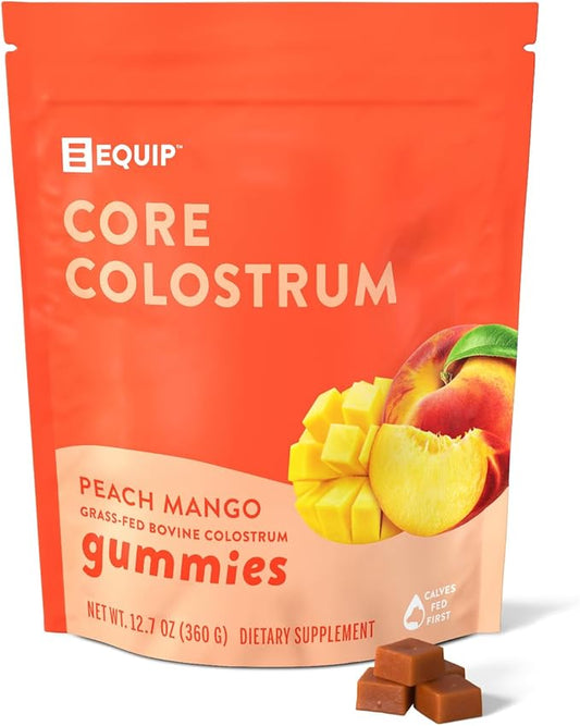 Equip Foods Core Colostrum Gummies | Delicious and Convenient | 1g Ultra-Premium Grass Fed Colostrum Per Serving | Gut Health, Immunity, Hair and Skin | 60 Gummies, 30 Servings, Peach Mango