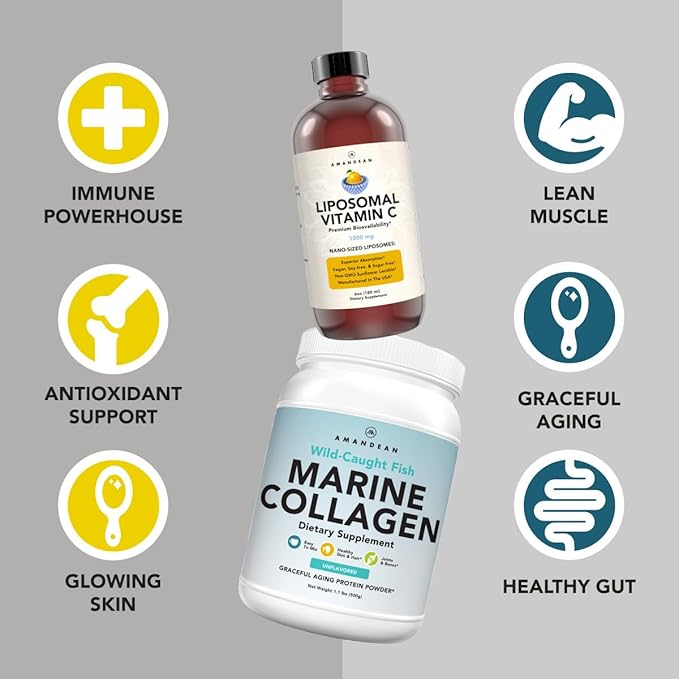 Marine Collagen Powder + Vitamin C - Perfect Skin from Within Combo. Wild-Caught Cod Fish Peptides, Liposomal VIT C Liquid 1000mg. Boost Production and Synthesis for Healthy Aging, Beauty, Wellness.
