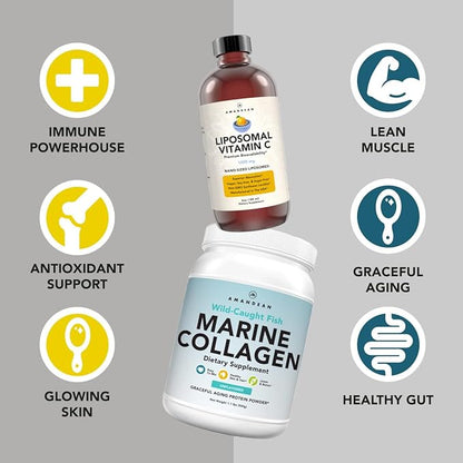 Marine Collagen Powder + Vitamin C - Perfect Skin from Within Combo. Wild-Caught Cod Fish Peptides, Liposomal VIT C Liquid 1000mg. Boost Production and Synthesis for Healthy Aging, Beauty, Wellness.