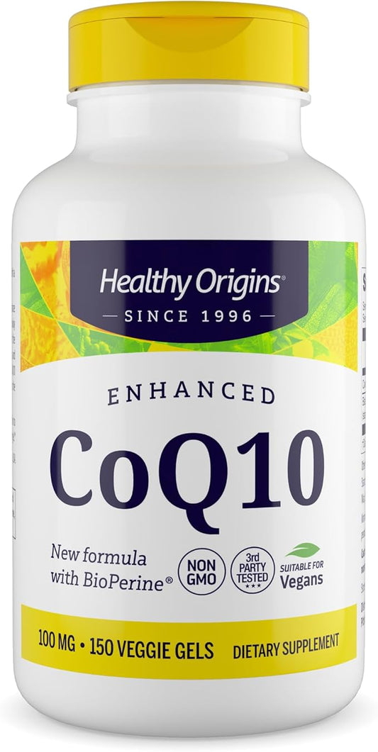 Healthy Origins Natural Enhanced CoQ10 (BioPerine®), 100 mg - Heart Health & Energy Supplement - Gluten-Free & Non-GMO Supplements, with BioPerine & Sunflower Lecithin ((Pack of 1) 150 Veggie Gels)