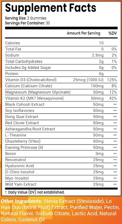 Sugar Free Menopause Support Gummies for Women with Inositol, Black Cohosh, Dong Quai, Vitamin D3 and K2 - Hormone Balance, PMS, Hot Flash & Night Sweat Relief, Perimenopause Gut Health Vegan Gummy