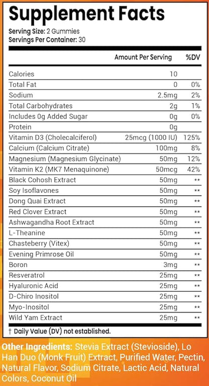 Sugar Free Menopause Support Gummies for Women with Inositol, Black Cohosh, Dong Quai, Vitamin D3 and K2 - Hormone Balance, PMS, Hot Flash & Night Sweat Relief, Perimenopause Gut Health Vegan Gummy