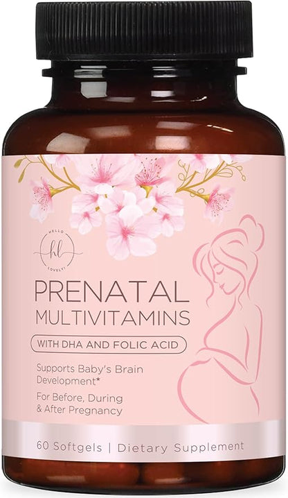 Women's Prenatal Multivitamin with Folic Acid + DHA, Essential Prenatal Vitamins with Folate, Omega 3, Vitamin D3, B6, B12 & Iron, Pregnancy Support Supplement for Mom and Baby - 60 Softgels